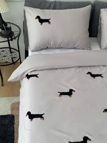 Dog Embroidered Duvet Cover Set Without Filler - Light Grey - View 4