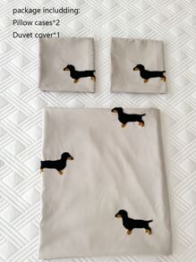 Dog Embroidered Duvet Cover Set Without Filler - Light Grey - View 5