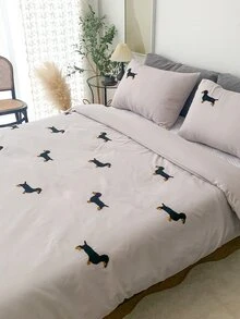 Dog Embroidered Duvet Cover Set Without Filler - Light Grey - View 6