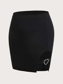 SHEIN Qutie Plus Rhinestone Detail Split Hem Skirt - Black - View 1