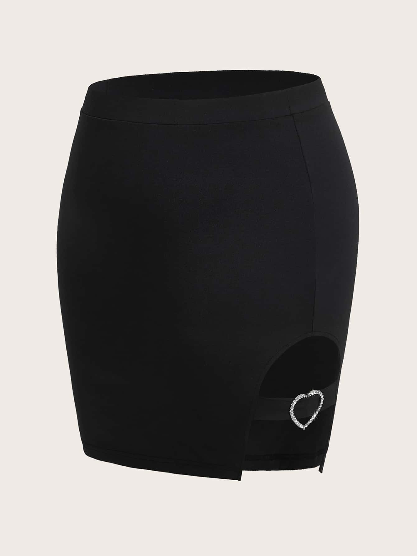 SHEIN Qutie Plus Rhinestone Detail Split Hem Skirt - Black - View 1