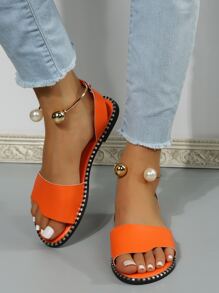 時尚戶外舒適涼鞋適用於女士珍珠裝飾人造皮革露趾踝帶平底涼鞋 - 橘色 - 查看 1