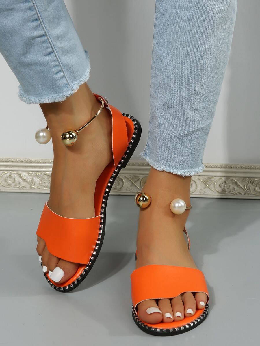 時尚戶外舒適涼鞋適用於女士珍珠裝飾人造皮革露趾踝帶平底涼鞋 - 橘色 - 查看 1