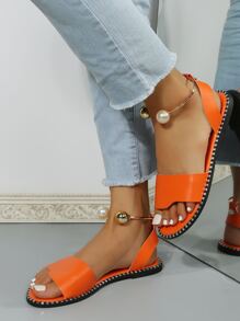 時尚戶外舒適涼鞋適用於女士珍珠裝飾人造皮革露趾踝帶平底涼鞋 - 橘色 - 查看 4