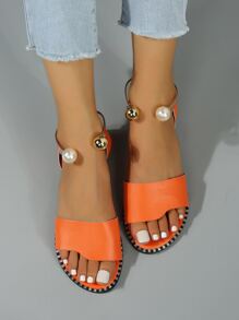 時尚戶外舒適涼鞋適用於女士珍珠裝飾人造皮革露趾踝帶平底涼鞋 - 橘色 - 查看 5