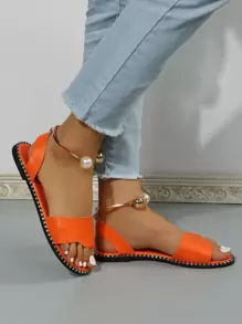 時尚戶外舒適涼鞋適用於女士珍珠裝飾人造皮革露趾踝帶平底涼鞋 - 橘色 - 查看 7