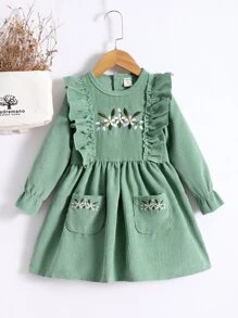 Toddler Girls Floral Embroidery Ruffle Trim Corduroy Dress - Green - View 1