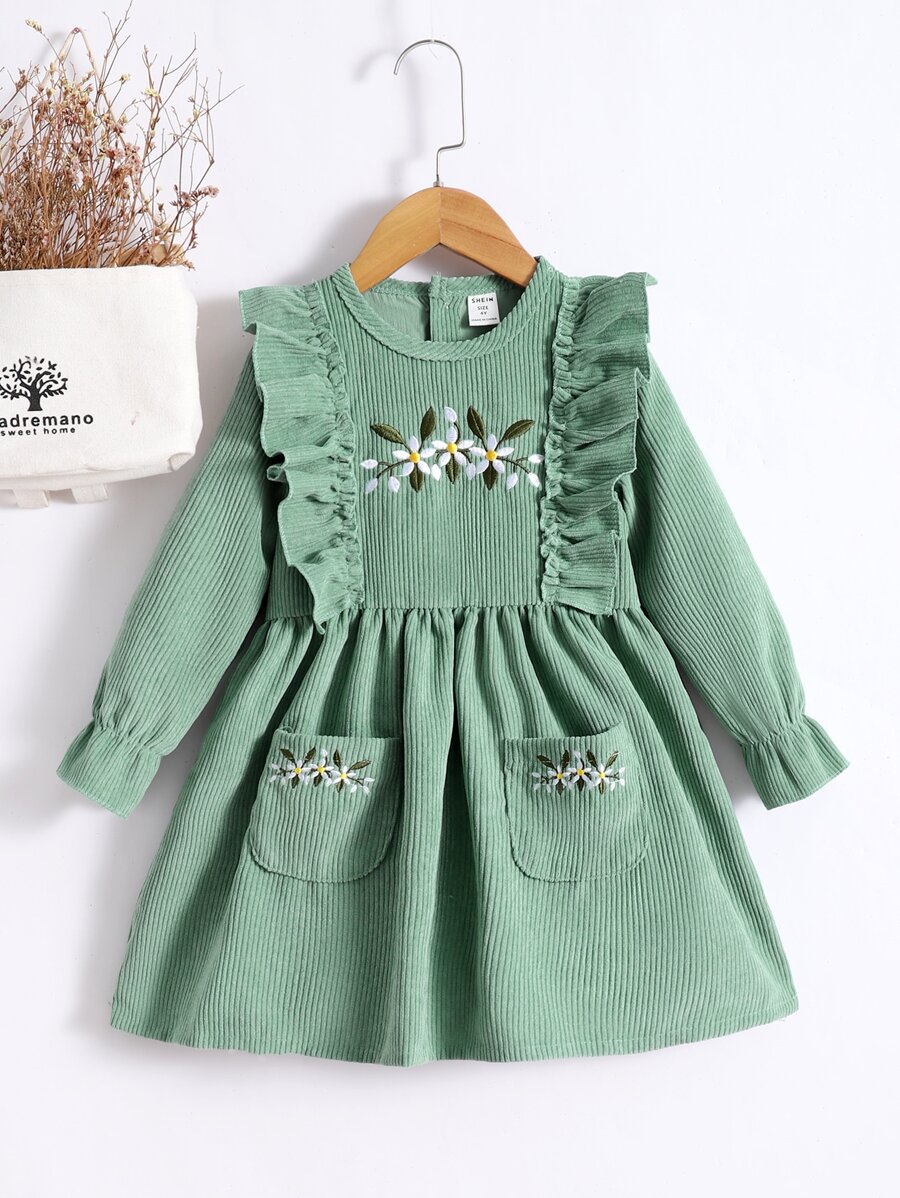 Toddler Girls Floral Embroidery Ruffle Trim Corduroy Dress - Green - View 1