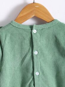 Toddler Girls Floral Embroidery Ruffle Trim Corduroy Dress - Green - View 4