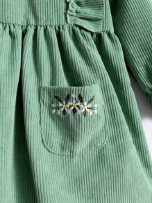 Toddler Girls Floral Embroidery Ruffle Trim Corduroy Dress - Green - View 5