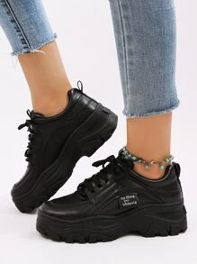 Women's Thick Sole Breathable White Sneakers, Fashion Versatile Casual Sports Shoes For Students, White And Black Lace-Up Leather Waterproof Plus Size
