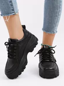 Women's Thick Sole Breathable White Sneakers, Fashion Versatile Casual Sports Shoes For Students, White And Black Lace-Up Leather Waterproof Plus Size