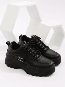 女式黑色厚底字母裝飾繫帶運動鞋