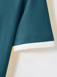 Manfinity Homme 男士字母貼布拼接邊T恤無項鏈 - 墨綠色 - 查看 4