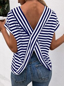 SHEIN LUNE Striped Backless Batwing Sleeve Tee - Blue and White - View 1