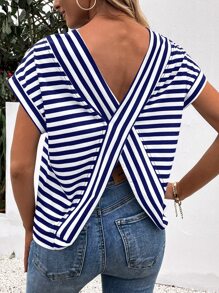 SHEIN LUNE Striped Backless Batwing Sleeve Tee - Blue and White - View 2