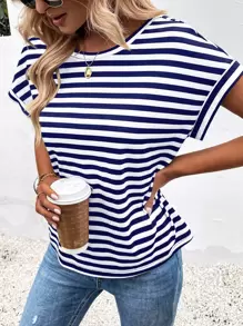SHEIN LUNE Striped Backless Batwing Sleeve Tee - Blue and White - View 3