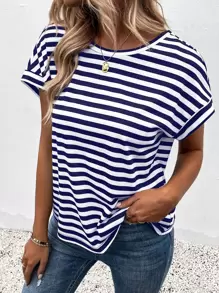 SHEIN LUNE Striped Backless Batwing Sleeve Tee - Blue and White - View 4