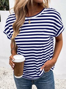 SHEIN LUNE Striped Backless Batwing Sleeve Tee - Blue and White - View 5