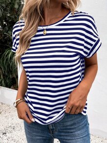 SHEIN LUNE Striped Backless Batwing Sleeve Tee - Blue and White - View 6