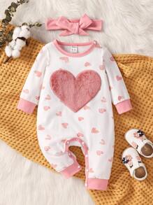 Baby Girl Heart Embroidery Contrast Binding Jumpsuit & Headband - Multicolor - View 1