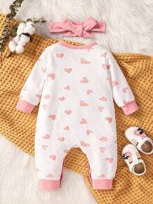 Baby Girl Heart Embroidery Contrast Binding Jumpsuit & Headband - Multicolor - View 2