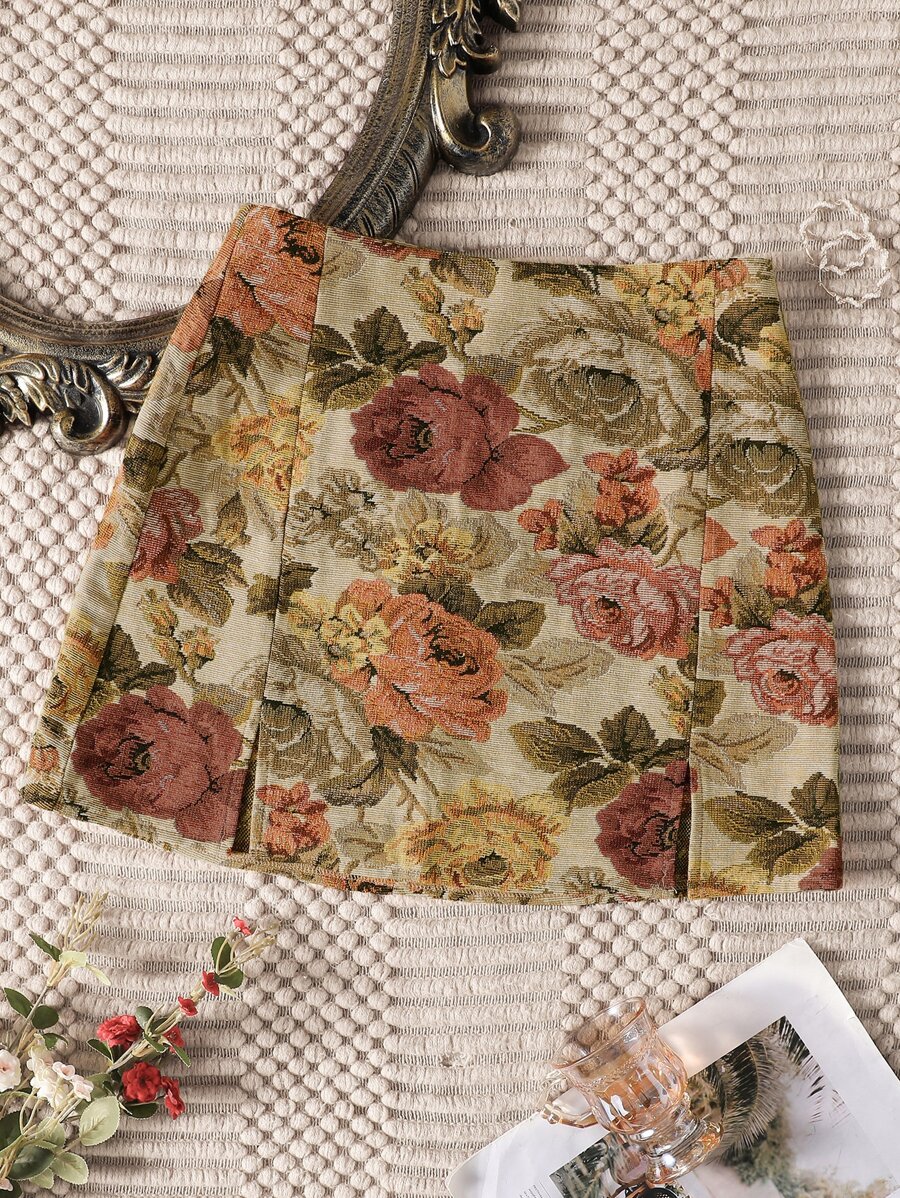 SHEIN VCAY Split Hem Floral Jacquard Skirt - Multicolor - View 1