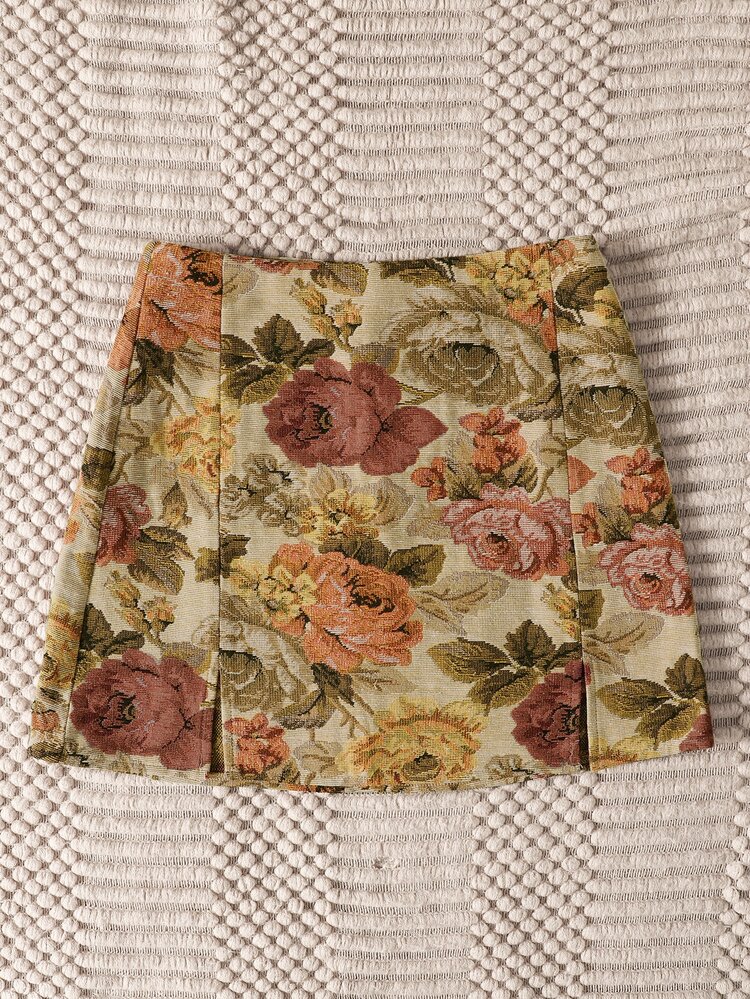 SHEIN VCAY Split Hem Floral Jacquard Skirt - Multicolor - View 4