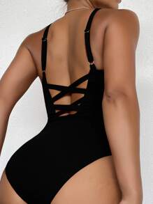 Plain Criss Cross V Neck One Piece Swimsuit, For Summer Beach Vacation - Black - View 2