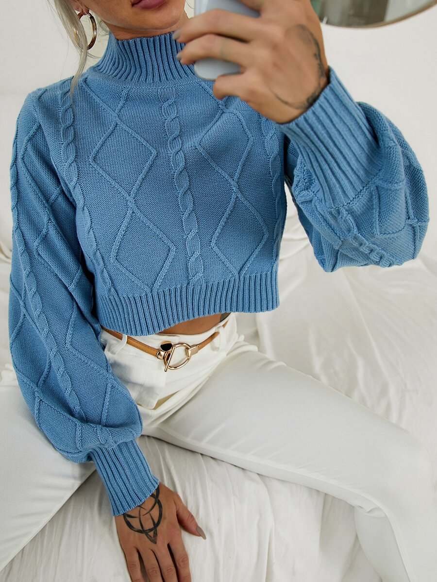 Chiquease Funnel Neck Cable Knit Lantern Sleeve Jumper - Dusty Blue - View 1