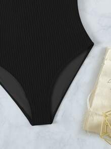Plain Criss Cross V Neck One Piece Swimsuit, For Summer Beach Vacation - Black - View 6