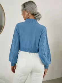 Chiquease Funnel Neck Cable Knit Lantern Sleeve Jumper - Dusty Blue - View 2