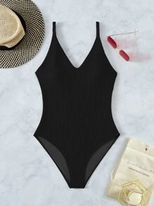 Plain Criss Cross V Neck One Piece Swimsuit, For Summer Beach Vacation - Black - View 7