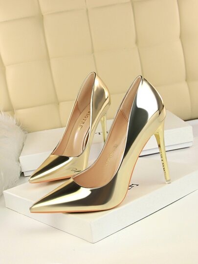 أحذية كعب عالي معدنية موضة خريف/شتاء 2025، أحذية مضخة ذات أصبع مدبب وجذاب للنوادي، للنساء، سيلويت نحيف