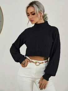 EMERY ROSE Funnel Neck Cable Knit Lantern Sleeve Jumper - Black - View 3