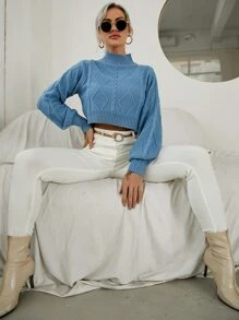 Chiquease Funnel Neck Cable Knit Lantern Sleeve Jumper - Dusty Blue - View 4