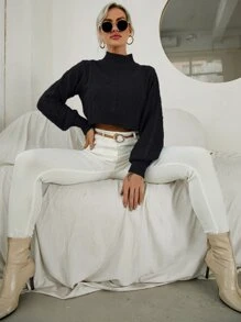 EMERY ROSE Funnel Neck Cable Knit Lantern Sleeve Jumper - Black - View 4