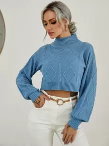 Chiquease Funnel Neck Cable Knit Lantern Sleeve Jumper - Dusty Blue - View 5