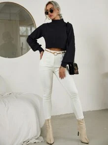 EMERY ROSE Funnel Neck Cable Knit Lantern Sleeve Jumper - Black - View 5