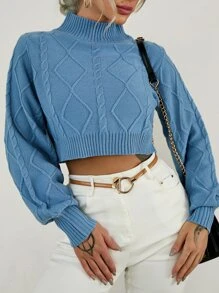 Chiquease Funnel Neck Cable Knit Lantern Sleeve Jumper - Dusty Blue - View 6