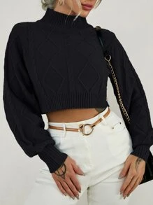 EMERY ROSE Funnel Neck Cable Knit Lantern Sleeve Jumper - Black - View 6