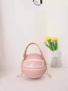 迷你字母圖案手提包迷你字母圖案籃球設計圓形包時尚鏈條肩帶圓形錢包手掌拉鍊包 - 粉色 - 查看 2
