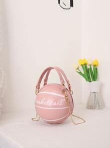 迷你字母圖案手提包迷你字母圖案籃球設計圓形包時尚鏈條肩帶圓形錢包手掌拉鍊包 - 粉色 - 查看 3