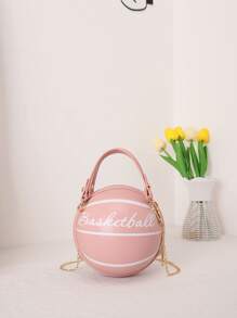 迷你字母圖案手提包迷你字母圖案籃球設計圓形包時尚鏈條肩帶圓形錢包手掌拉鍊包 - 粉色 - 查看 5