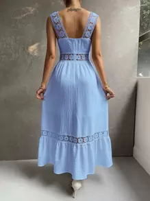 SHEIN Holidaya Đầm Maxi Ren Guipure Đính Viền Xếp Nếp Cho Kỳ Nghỉ Bãi Biển Nữ - Màu xanh nhạt - Xem 2