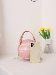 迷你字母圖案手提包迷你字母圖案籃球設計圓形包時尚鏈條肩帶圓形錢包手掌拉鍊包 - 粉色 - 查看 7