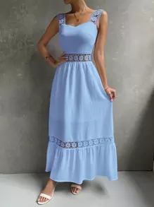 SHEIN Holidaya Đầm Maxi Ren Guipure Đính Viền Xếp Nếp Cho Kỳ Nghỉ Bãi Biển Nữ - Màu xanh nhạt - Xem 3