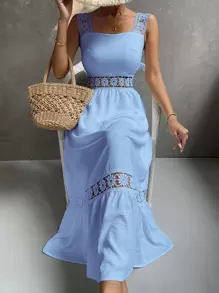 SHEIN Holidaya Đầm Maxi Ren Guipure Đính Viền Xếp Nếp Cho Kỳ Nghỉ Bãi Biển Nữ - Màu xanh nhạt - Xem 5