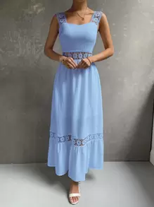 SHEIN Holidaya Đầm Maxi Ren Guipure Đính Viền Xếp Nếp Cho Kỳ Nghỉ Bãi Biển Nữ - Màu xanh nhạt - Xem 6