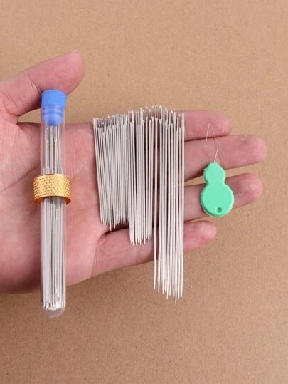 大眼現代手工縫紉針，50入組高級大眼縫紉針，帶穿線器和 2入組存儲管 5 號大眼尖頭縫合針，用於縫合工藝項目和刺繡